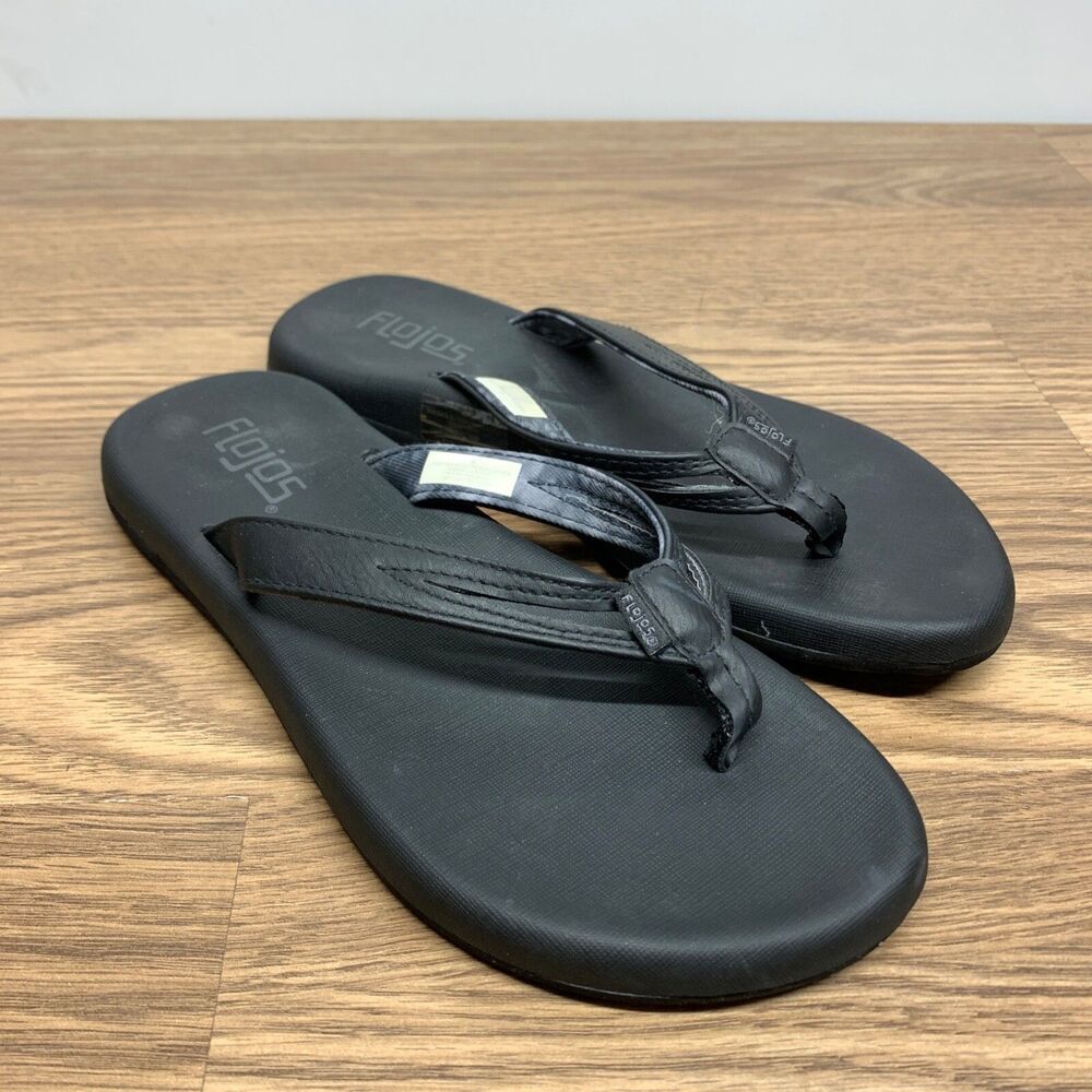 Flojos Sandals Womens 6 Casual Comfort Slip On Flip Flops Black Faux Leather‎